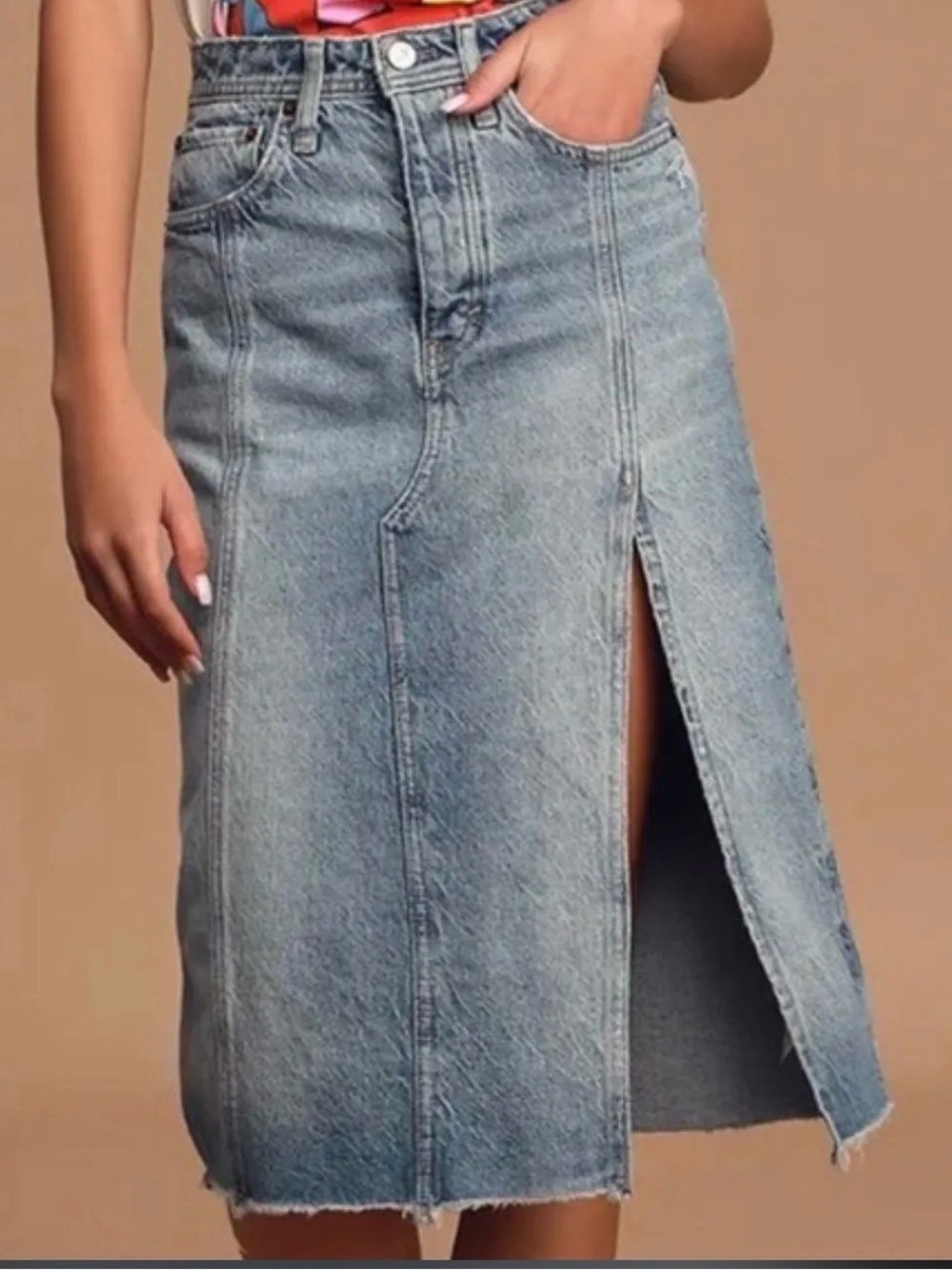 NWOT Free People Washed Blue Denim Midi Skirt with Slit